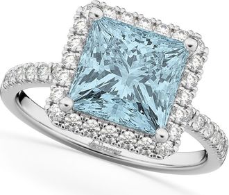 Allurez Princess Cut Halo Aquamarine & Diamond Engagement Ring 14K in 3.47Ct/white Gold at Nordstrom, Size 7.5