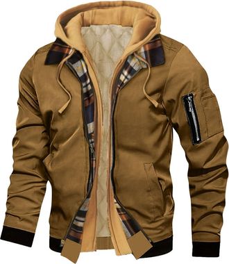 Generic Winter Jackets for Men,Fake Two-Piece Spliced Plaid Interior with Pockets Warm for Casual Flight Jacket Autumn Winter Hooded Coat Workwear Fleece Jack