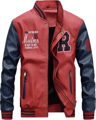 Yonglan Mens Short Winter PU Leather Jacket Casual Stand Collar Leather Baseball Clothing Mixed Color Outerwear Red M