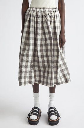 Comme Des Gar&ccedil;ons Gingham Crinkled Cotton & Linen Midi Skirt in Gray/White at Nordstrom