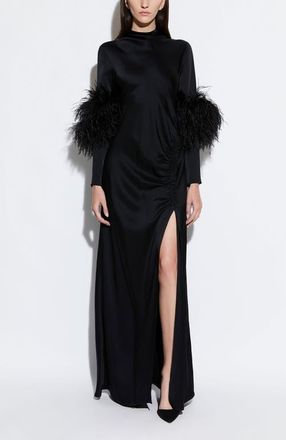 Sally Lapointe Satin Tab Gown With Feathers in Black at Nordstrom, Size 00