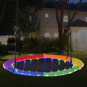 Costway Costway - Columpio Redondo, Di&aacute;metro 100cm, Columpio Jardin Exterior Ni&ntilde;os 3+ A&ntilde;os, Luces Led Multicolores, 2 Cuerdas Ajustables, Columpio Nido Carga 