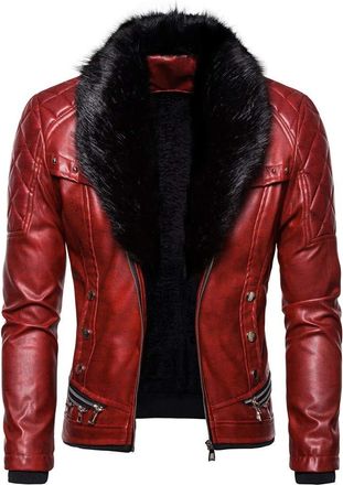 Generic Mens Fall Winter Faux Leather Jackets, Mens Plus Size Fleece Lined Steampunk Coat Fur Collar Sherpa Fleece Motorcycle Jacket(Red,XX-Large)