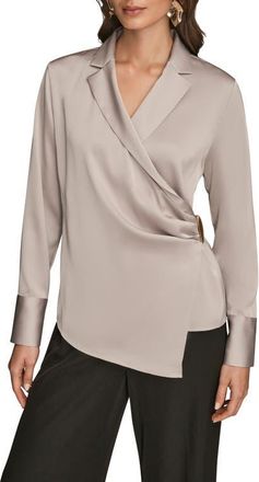 DKNY Pleated Wrap Front Silk Top in Vapor at Nordstrom, Size X-Large