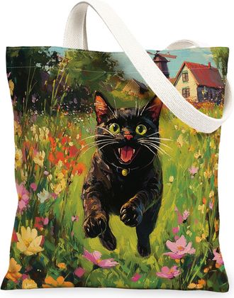 Generic Spring Bombay Cat Canvas Tote Bag for Shopping 13x15, Country Garden Kitten Reusable Grocery Print Pattern Bag for Women, Fun Flower Pet Beach Aesthet
