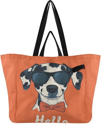 Generic Dog Bow Tie Orange print Reusable Canvas Tote Bag, Heavy Duty Grocery Shopping Bag with Large Capacity Double Handles Hard Bottom Work Groceries Trave