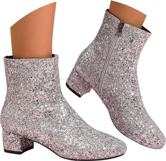 Generic Womens Glitter Sequins Ankle Boots Chunky Block Heeled Sparkly Short Boots with Side Zipper Round Toe Wide Calf Rhinestone Ankle Booties Wedding Brida