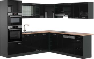 Vicco Cocina Esquinera R-line, Negro/antracita De Alto Brillo, 237 X 247 Cm, Et Roble