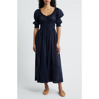 D&ocirc;en Ischia Convertible Organic Cotton Maxi Dress in Navy Flock Dot at Nordstrom, Size Xx-Small