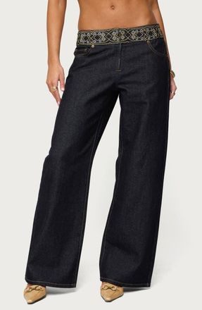 Edikted Carlie Beaded Embroidered Low Rise Wide Leg Jeans in Dark-Blue at Nordstrom, Size X-Large