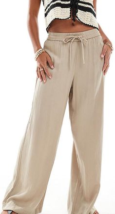 Vila weighted plisse satin feel wide leg pants in beige-Neutral