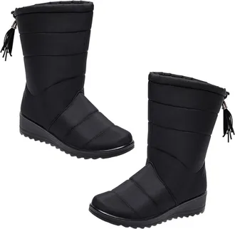Yardwe Womens Mid-Tube Waterproof Snow Boots Black Size 39, Winter Warm Female Snow Boots Thick Sole and Tassel Detail, Casual Fashion Shoes for Outdoor Cold