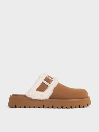 Charles & Keith Hannah Textured Fur-Trim Buckled Mules