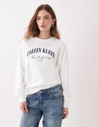 Calvin Klein Jeans Felpa girocollo in cotone bianca con grafica del logo-Bianco