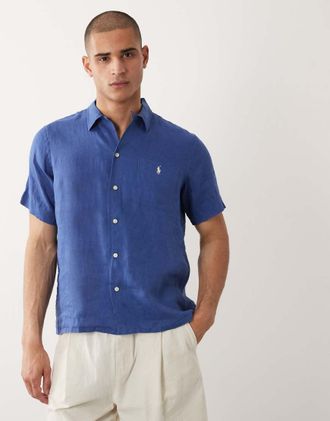 Polo Ralph Lauren Camicia a maniche corte in lino blu navy con logo