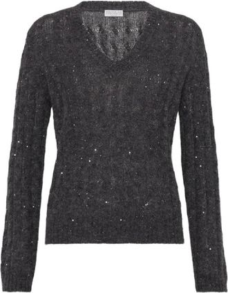 Brunello Cucinelli Truien & Vesten, Dames, Zwart, L, Elegante V-hals Gebreide kleding