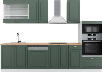Vicco Mueble De Cocina Fame-line, Verde-dorado Casa De Campo/blanco, 300 Cm Con Armario Alto, Et Roble