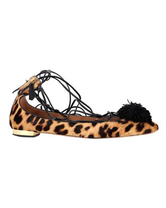 Aquazzura Pre-owned Womens Aquazzura Sunshine Leopard-Print Lace-Up Ballerina Flats in Brown Leather Leather (archived) - Size UK 5