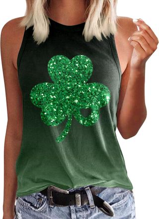 Generic 2024 St Patricks Day T Shirt for Women Casual Round Neck St. Patricks Day Printed Tank Tops Shamrock Sleeveless Vest Tops Blouse Baggy Green Clover Pr
