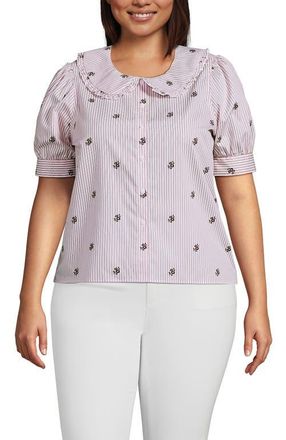 Lands End Easy Care Puff Sleeve Statement Collar Shirt in White/brown Floral Stripe at Nordstrom, Size 3 X