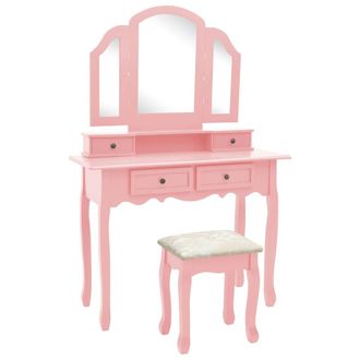 vidaXL Vidaxl - Set De Tocador Y Taburete Madera Paulownia Rosa 100x40x146 Cm