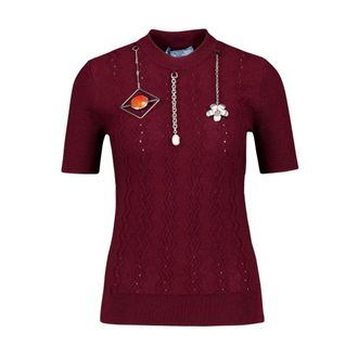 Prada Truien & Vesten, Dames, Rood, S, Wol, Kortgebreide wollen trui met hangers