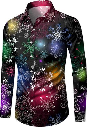 Generic Christmas Shirts for Men Funny Santa Claus Xmas Tree Reindeer Print Long Sleeve Button Down Shirts Mens Christmas Shirt for Party Ugly Xmas Shirt Holi