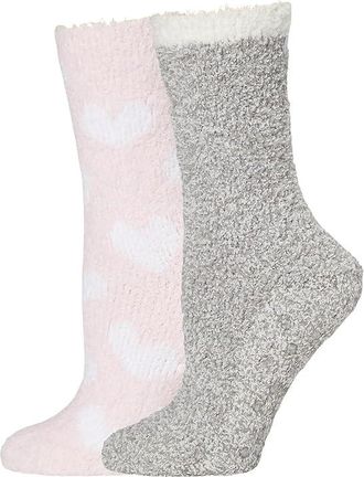 Karen Neuburger Two Pack Cozy Slipper Womens Socks Sock Pink With White Heart And Grey Heather, Polyester/Spandex