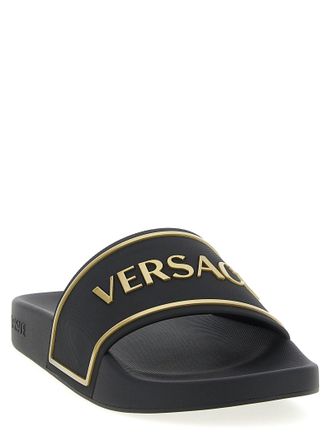 Versace Logo Embroidered Slides - Black