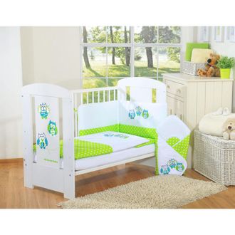 OEM Juego De Cama Infantil 135x100cm Con Protector De 3 Piezas, B&uacute;hos Verdes, Con Bordado Verde Y Turquesa