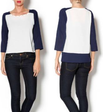Double Zero Gold Studded Long Sleeve Top In Navy
