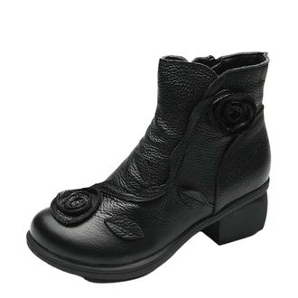 Generic YUJIEBB Block Heel Red Short Boots Autumn Winte Women Appliques Ankle Side Zipper Fashion Walking Shoes for Woman