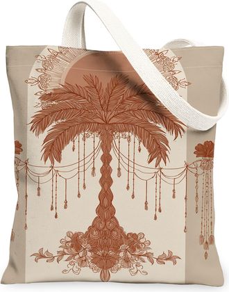 Generic Tropical Palm Canvas Tote Bags, Bohemian Floral Design Reusable Grocery Bags, Summer Vintage Lightweight Washable Shoulder, Beige, 13x15 Inch
