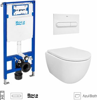 Roca Pack Wc Bastidor Empotrado Roca Duplo Cisterna Empotrada Y Pulsador Pl1 Blanco Brillo Con Inodoro Suspendido Swiss 53 Cm Tornado Y Soft-close De Azulb