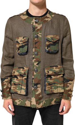 Dolce & Gabbana Mens Brown Camouflage Linen Button Down Jacket Co+02+li Clothing