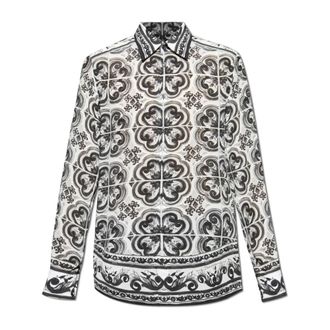 Dolce & Gabbana Zijden shirt met Majolica-print - Heren - Casual Overhemden - Wit - M - Leer - Overhemden
