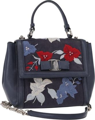 Ferragamo Vala Handbag Leather Navy Denim_Jeans Handbag (Pre-Owned)
