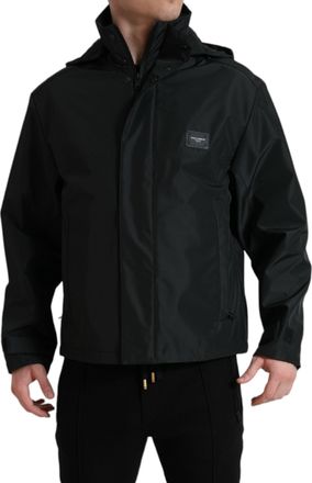 Dolce & Gabbana Black Polyester Logo Plaque Hooded Mens Jacket