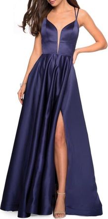 La Femme Long Satin Formal Gown with Leg Slit and Strappy Back in Navy at Nordstrom, Size 12