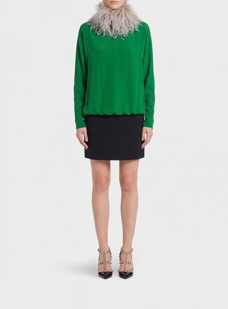 Valentino Garavani Sheath Silk Mini Dress with High Neck and Decorative Feathers