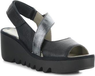 FLY London Basy Slingback Platform Wedge Sandal in Black/Graphite at Nordstrom, Size 10-10.5Us