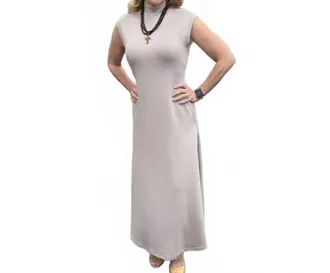 Entro Solid Cap Sleeve Mock Neck Midi Dress In Beige