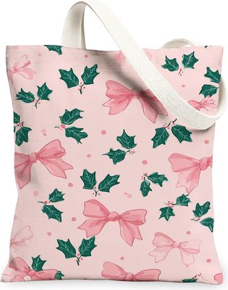 Generic Christmas Holly Canvas Tote Bags, Stylish Bow Pattern Reusable Grocery Bags, Winter Floral Lightweight Washable Canvas for, Peach, 13x15 Inch