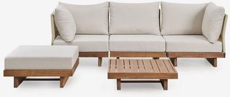 Sklum Conjunto De Sal&oacute;n Con Sof&aacute; Modular De 3 Piezas Con 2 Sillones Esquineros, Mesa De Centro Y Puff En Madera De Acacia Dailin Sklum