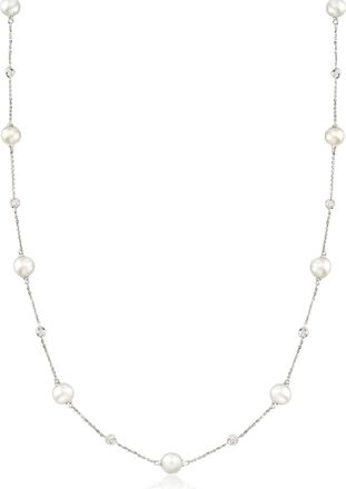 Ross-Simons 6-7mm Cultured Pearl and. Diamond Station Necklace in 14kt White Gold