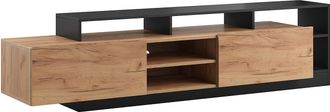 Vente-Unique Mueble para TV con 2 puertas y 6 estantes con LEDs - Natural claro y Antracita - IDESIA
