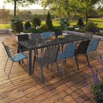 IDMarket Conjunto De Muebles De Jard&iacute;n Madrid Mesa 240 Cm Y 10 Sillas Apilables Mix Color Azul, Gris Y Negro