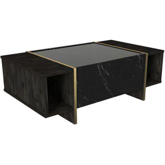 Vente-Unique Tavolino con 1 anta e 2 nicchie Effetto marmo Nero, Naturale scuro e Dorato - cadeba ii