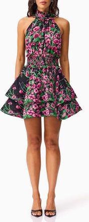 Elliatt Estelle Metallic Floral Smocked Waist Fit & Flare Minidress in Black Multi at Nordstrom, Size Xx-Small
