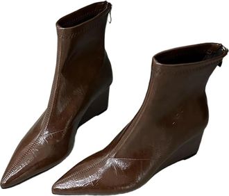 Generic GLDFW Pointed Toe Short Boots Womens Autumn Winter High Heel Short Boot Slope Heel Slim Boot Synthetic Leather Rubber Brown